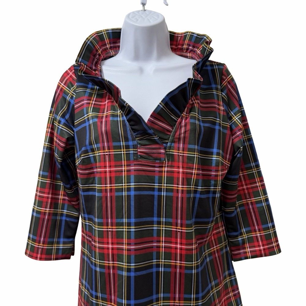 Gretchen Scott Tartan Plaid Stand Up Ruffle Neck Blouse Size S Red Holiday - Picture 3 of 6